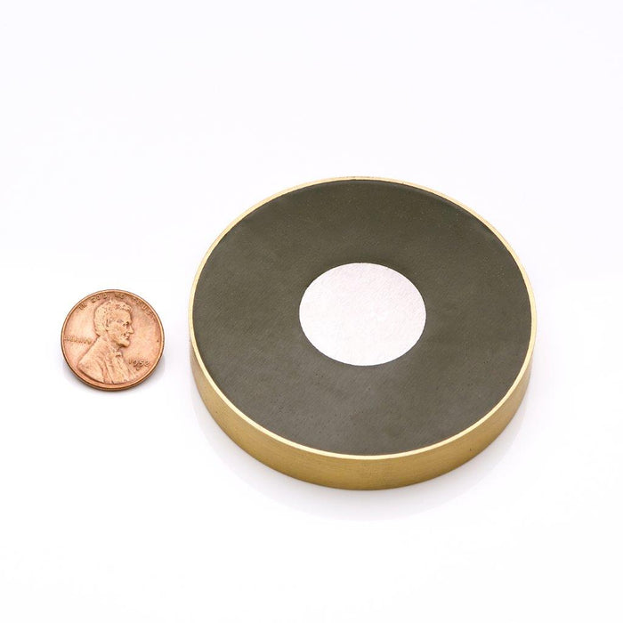 Ceramic Round Magnet 2.5" Diameter x 0.4" H - Grade C8, Brass sleeved finish