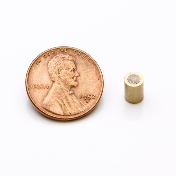 Neodymium Round Magnet Assembly 0.187" Diameter x 0.25" H - Grade N35, Brass sleeved finish