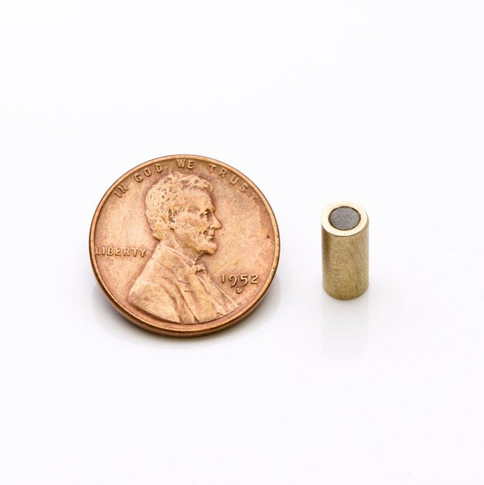 Neodymium Round Magnet Assembly 0.187" Diameter x 0.375" H - Grade N35, Brass sleeved finish