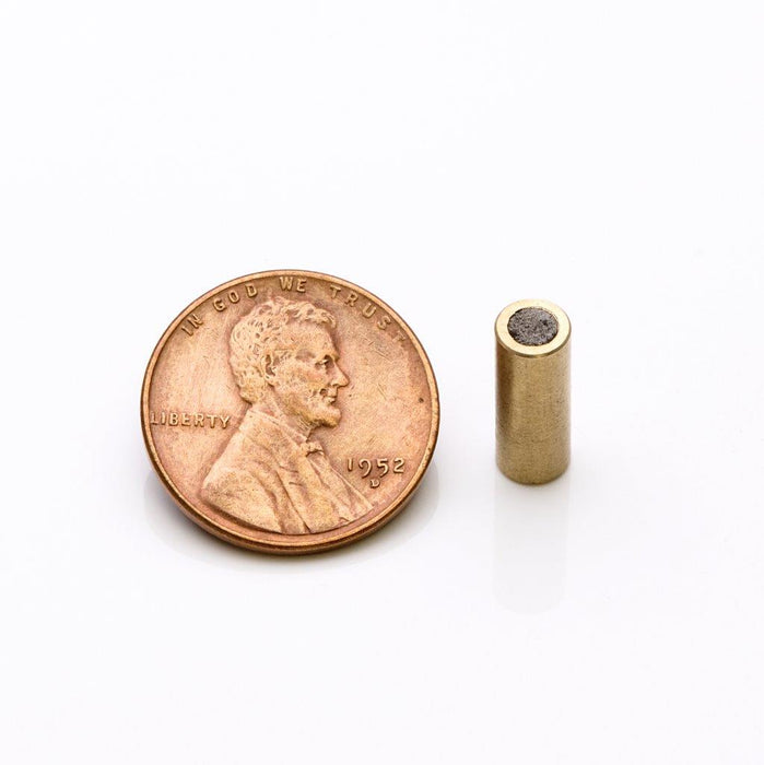 Neodymium Round Magnet Assembly 0.187" Diameter x 0.5" H - Grade N35, Brass sleeved finish