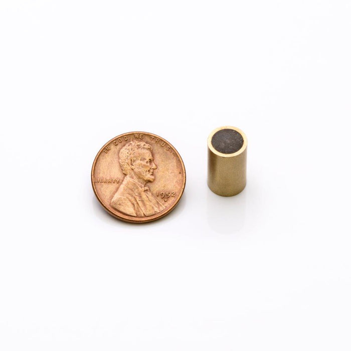 Neodymium Round Magnet Assembly 0.312" Diameter x 0.5" H - Grade N35, Brass sleeved finish