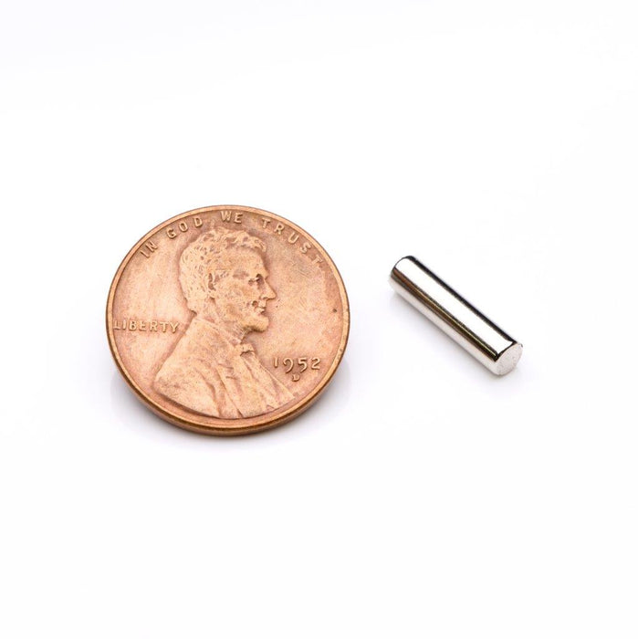 Neodymium Round Magnet 0.125" Diameter x 0.5" H - Grade N42, Nickel plated finish